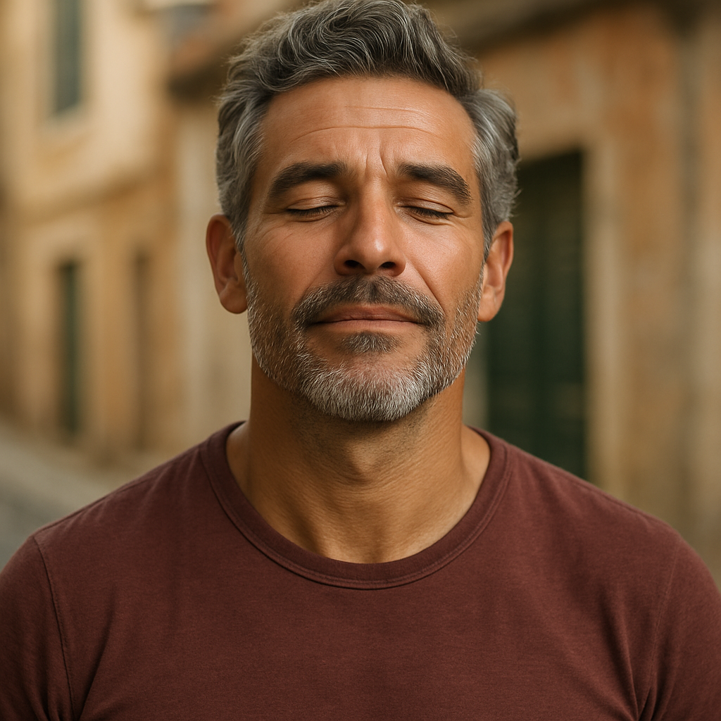 show an older handsome strong man from portugal in his mid 40s with closed eyes and communicating a feeling of relief show an older handsome strong man from portugal in his mid 40s with closed eyes and communicating a feeling of relief